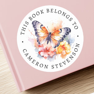 Butterfly and flowers painting library book label