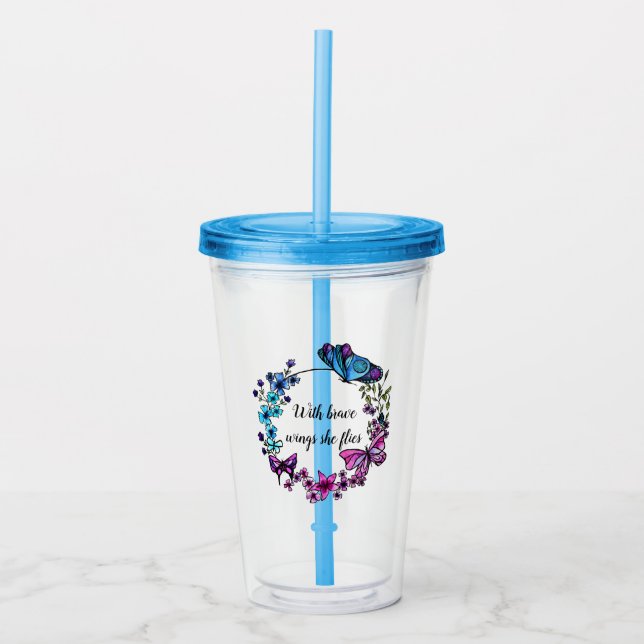 Butterfly and Flowers Wreath custom quote or name Acrylic Tumbler (Front)