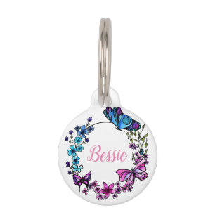 Butterfly and Flowers Wreath custom quote or name Pet Tag