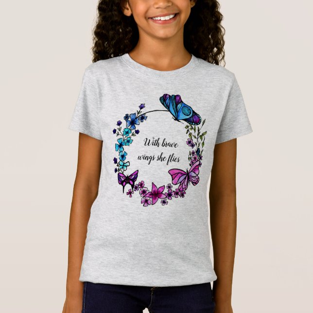 Butterfly and Flowers Wreath custom quote or name T-Shirt (Front)