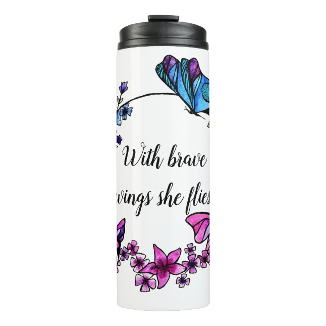 Butterfly and Flowers Wreath custom quote or name Thermal Tumbler (Front)
