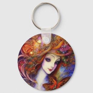 Butterfly And Garden Goddess In Watercolor Blues Key Ring