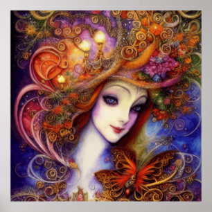 Butterfly And Garden Goddess In Watercolor Blues Poster