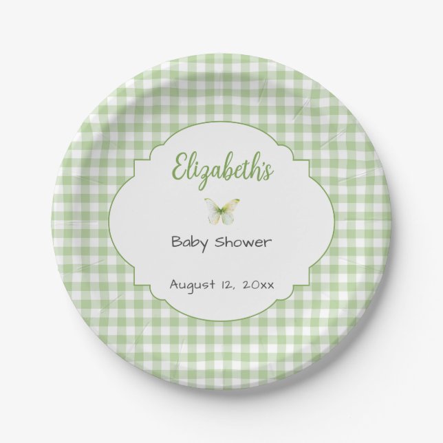Butterfly and Green Gingham Baby Shower Plate (Front)