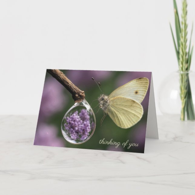Butterfly and Lilac Flower Reflection in Raindrop Card (Front)