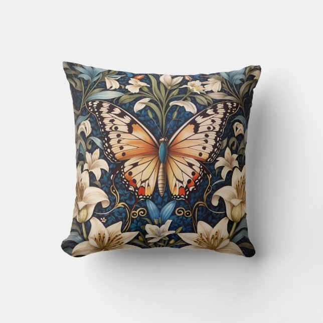 Butterfly and Lilies Botanical Cushion (Front)