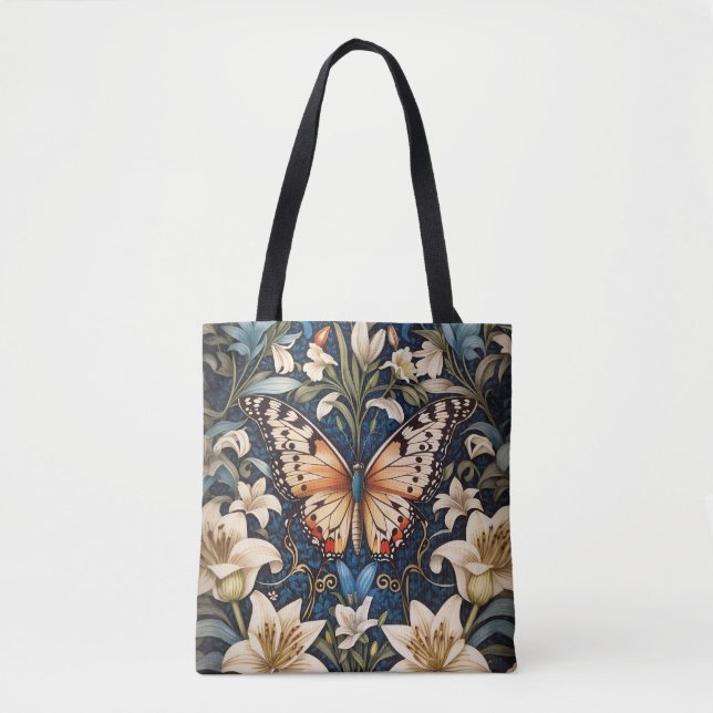 Butterfly and Lilies Botanical Tote Bag (Front)