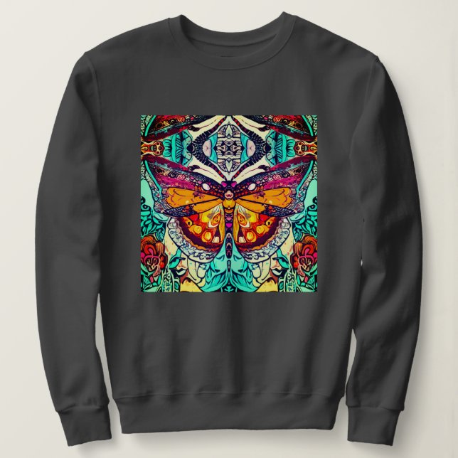 Butterfly and Medallion Batik Pattern in Orange Sweatshirt (Design Front)