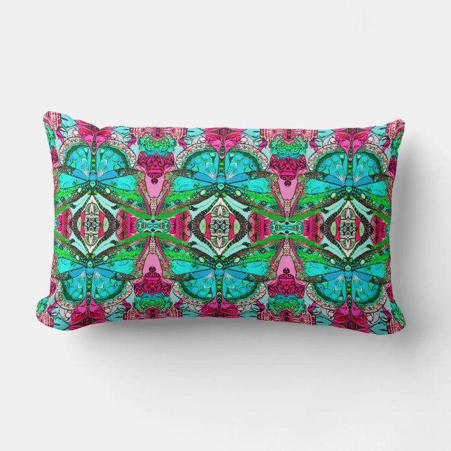Butterfly and Medallion Batik Pattern in Turquoise Lumbar Cushion (Front)
