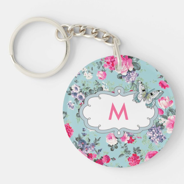 Butterfly and Roses Custom Monogram Gift Key Ring (Front)