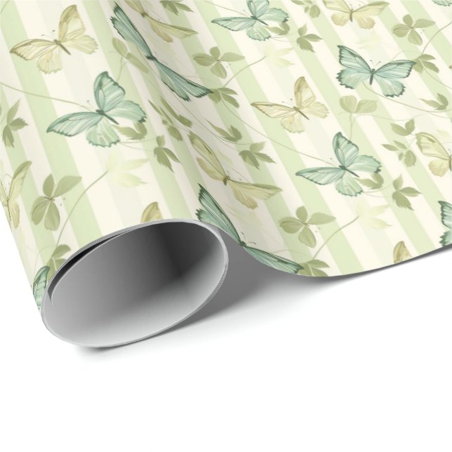 Butterfly and Stripes Green Birthday Gift Wrapping Paper (Roll Corner)