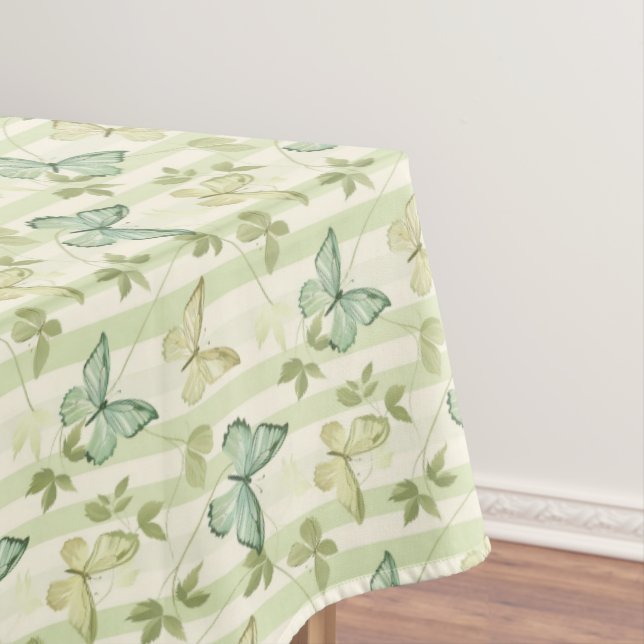 Butterfly and Stripes Green Home Decor Tablecloth (In Situ)