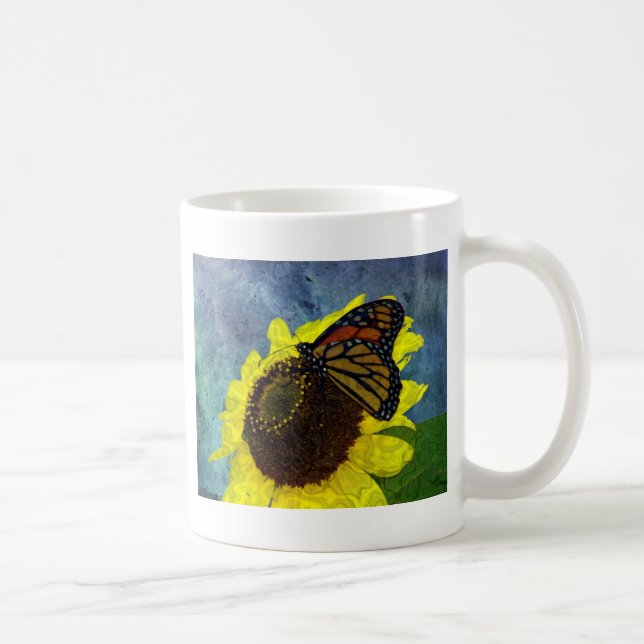 Butterfly and Sunflower Blue Background Coffee Mug (Right)