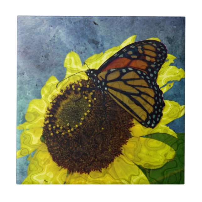 Butterfly and Sunflower Blue Background Tile (Front)