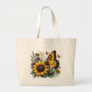 Butterfly and Sunflowers Large Tote Bag