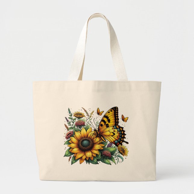 Butterfly and Sunflowers Large Tote Bag (Front)