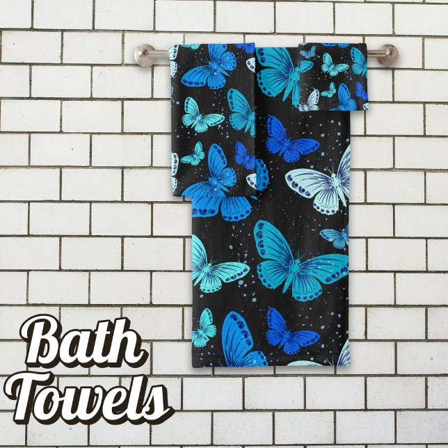 Butterfly Azure Wings  Bath Towel Set (Dive into Serenity: Blue Butterflies on a Midnight Canvas.)