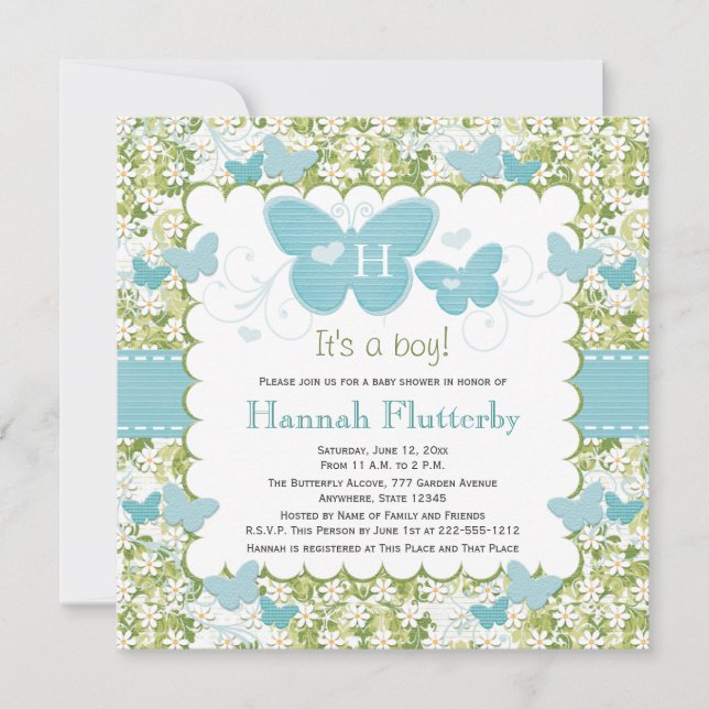 Butterfly Baby Boy Shower Invitations Monogrammed (Front)