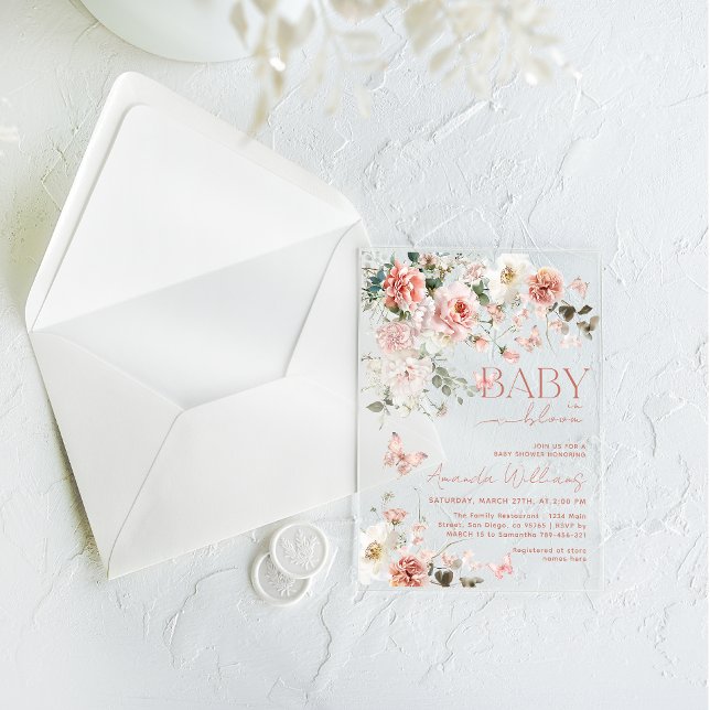 Butterfly Baby in Bloom Pink Floral Baby Shower  Acrylic Invitations (Creator Uploaded)