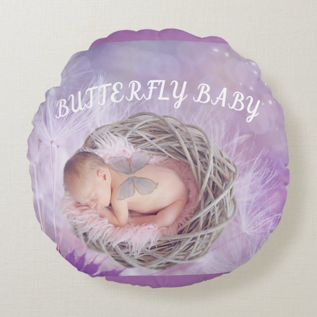 "Butterfly baby" round throw pillow in purple. (Front)