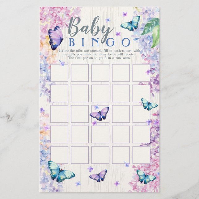 Butterfly Baby Shower Bingo Game | Baby Bingo Game (Front)