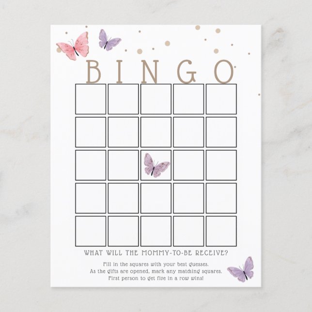 Butterfly Baby Shower Bingo Game Card (Front)