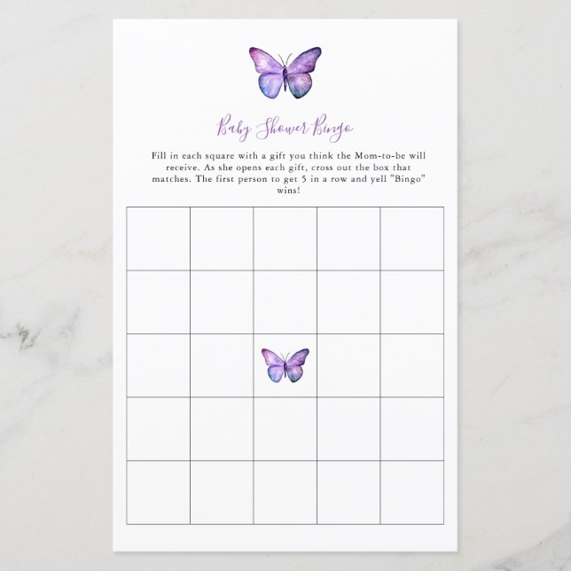 Butterfly Baby Shower Bingo Game Elegant Script  (Front)