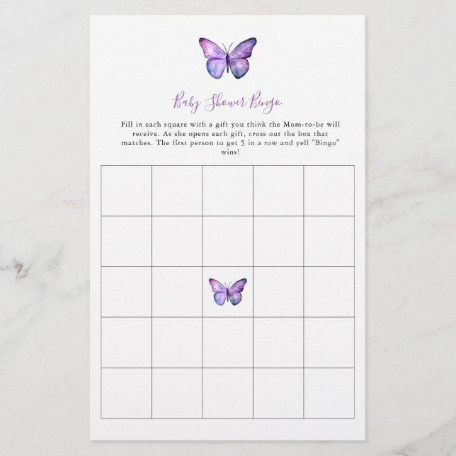 Butterfly Baby Shower Bingo Game Elegant Script  Flyer (Front)
