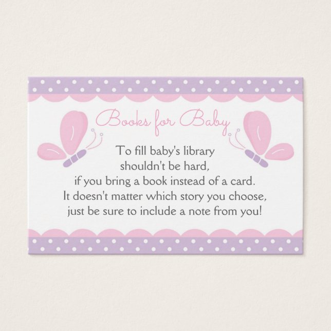 Butterfly Baby Shower Book Request Card purplepink (Front)