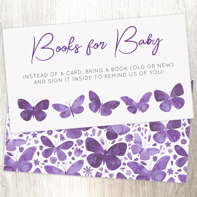 Butterfly Baby Shower Books for Baby Enclosure Card (Modern watercolor butterfly purple baby shower Books for Baby request enclosure card)