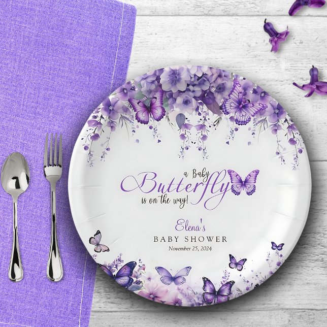 Butterfly Baby Shower Elegant Purple Floral Paper Plate (Creator Uploaded)