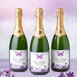 Butterfly Baby Shower Elegant Purple Floral Sparkling Wine Label