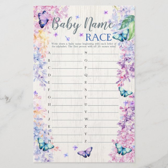 Butterfly Baby Shower Game | Baby Name Race Game (Front)