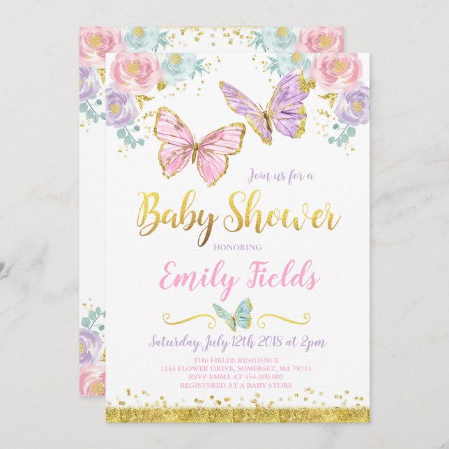 Butterfly Baby Shower Invitation Girl Baby Shower (Front/Back)