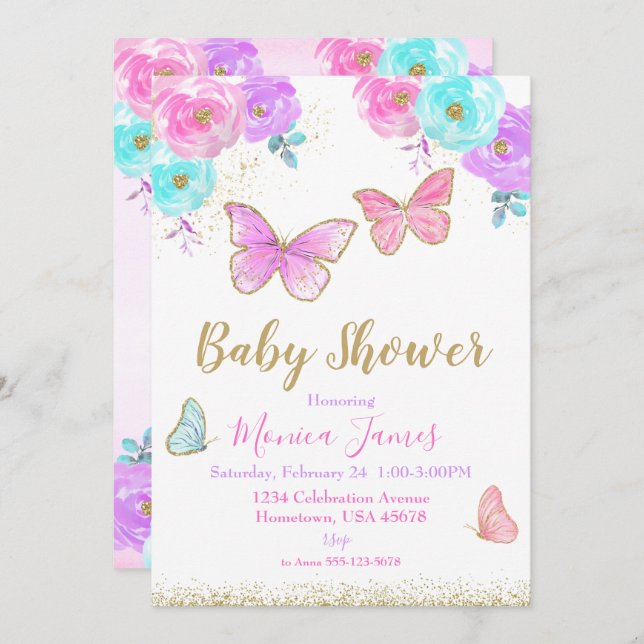 Butterfly Baby Shower Invitation Girl Baby Shower (Front/Back)