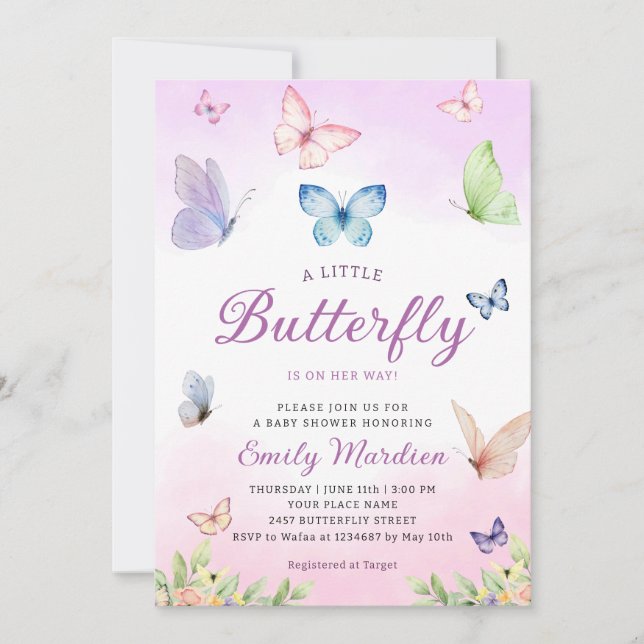 Butterfly Baby Shower Invitation, Girl Baby Shower Invitation (Front)