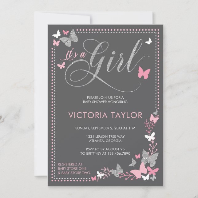 Butterfly Baby Shower Invitation, Pink, Grey Invitation (Front)