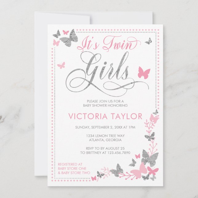 Butterfly Baby Shower Invitation, Pink, Silver Invitation (Front)
