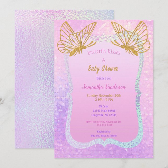 Butterfly Baby Shower Pink and Gold Butterfly Kiss Invitation (Front/Back)