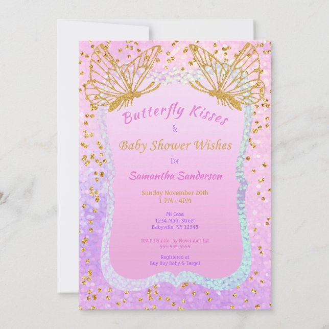 Butterfly Baby Shower Pink and Gold Confetti Invitation (Front)