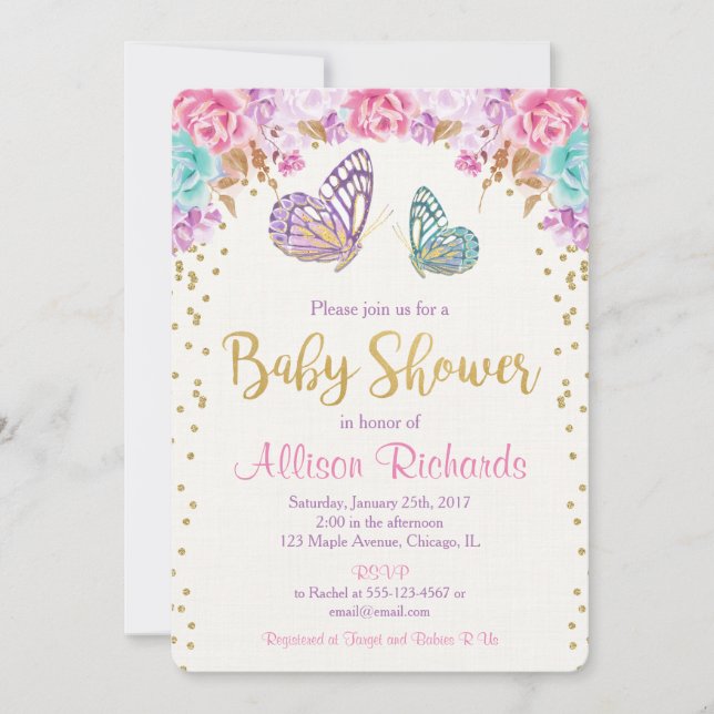 Butterfly baby shower, pink purple gold girl invitation (Front)