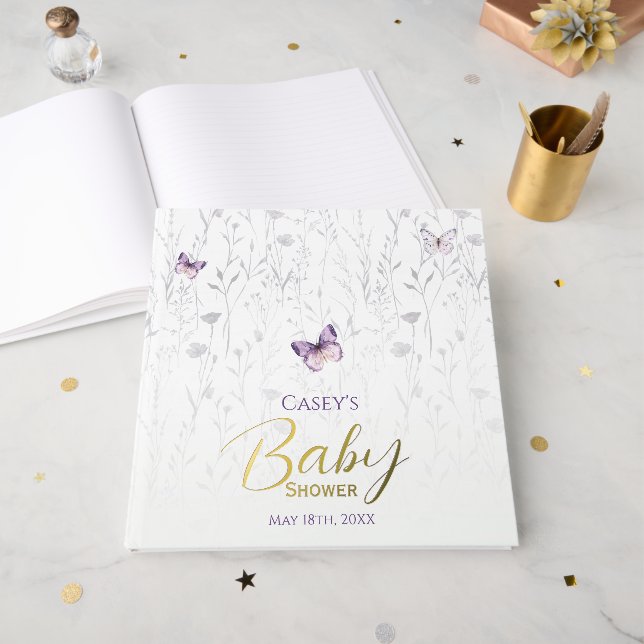 Butterfly Baby Shower Purple Boho Floral Guest Book (Front Open)
