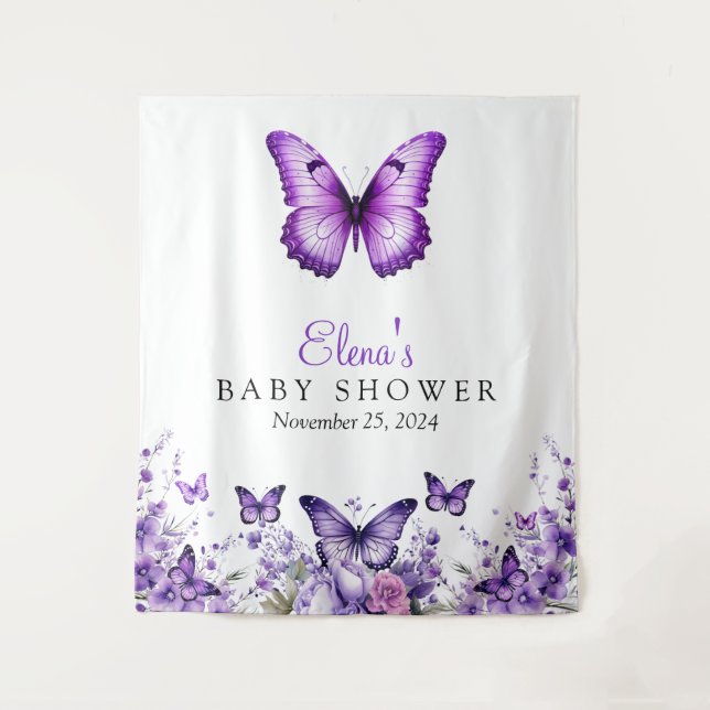 Butterfly Baby Shower Purple Floral Backdrop Tapestry (Front)