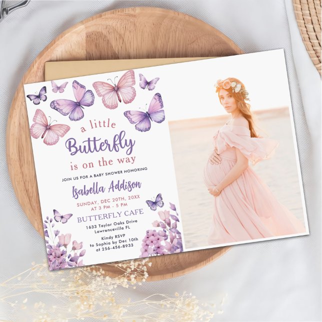 Butterfly Baby Shower Purple Floral Girl Photo Invitation (Creator Uploaded)