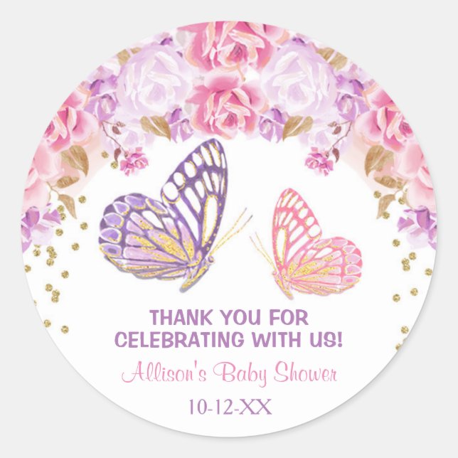 Butterfly baby shower stickers, pink purple gold classic round sticker (Front)