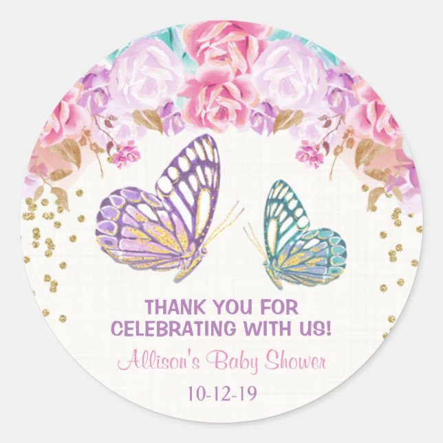 Butterfly baby shower stickers, pink teal gold classic round sticker (Front)