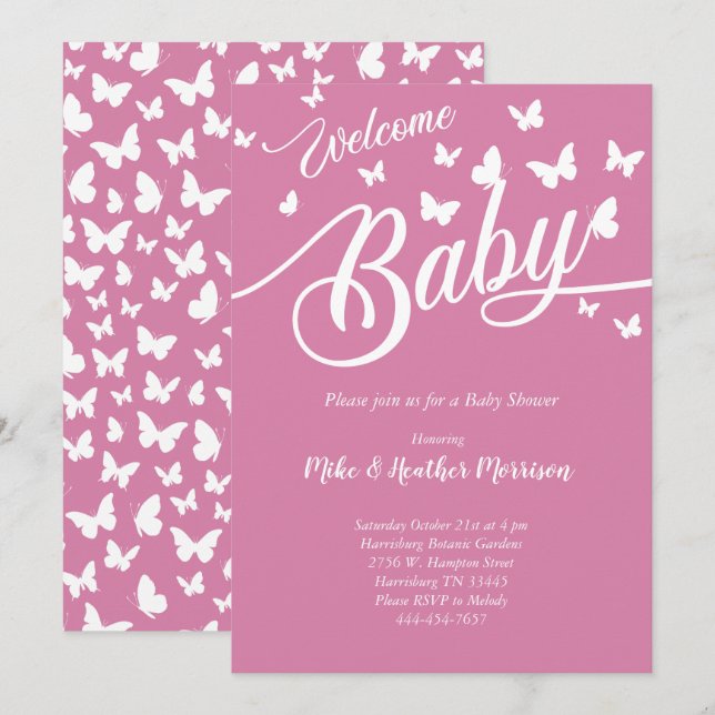 Butterfly Baby Shower Vintage Pink Girl Invitation (Front/Back)