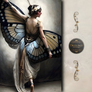 Butterfly Ballerina in Cream and Blue Decoupage Tissue Paper