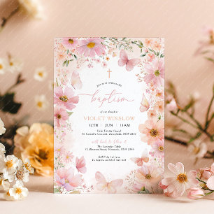 Butterfly Baptism Floral Pink Peach Girl Invitation