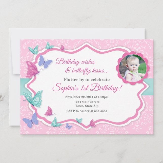 Butterfly Birthday Invitation 1st Birthday (Front)